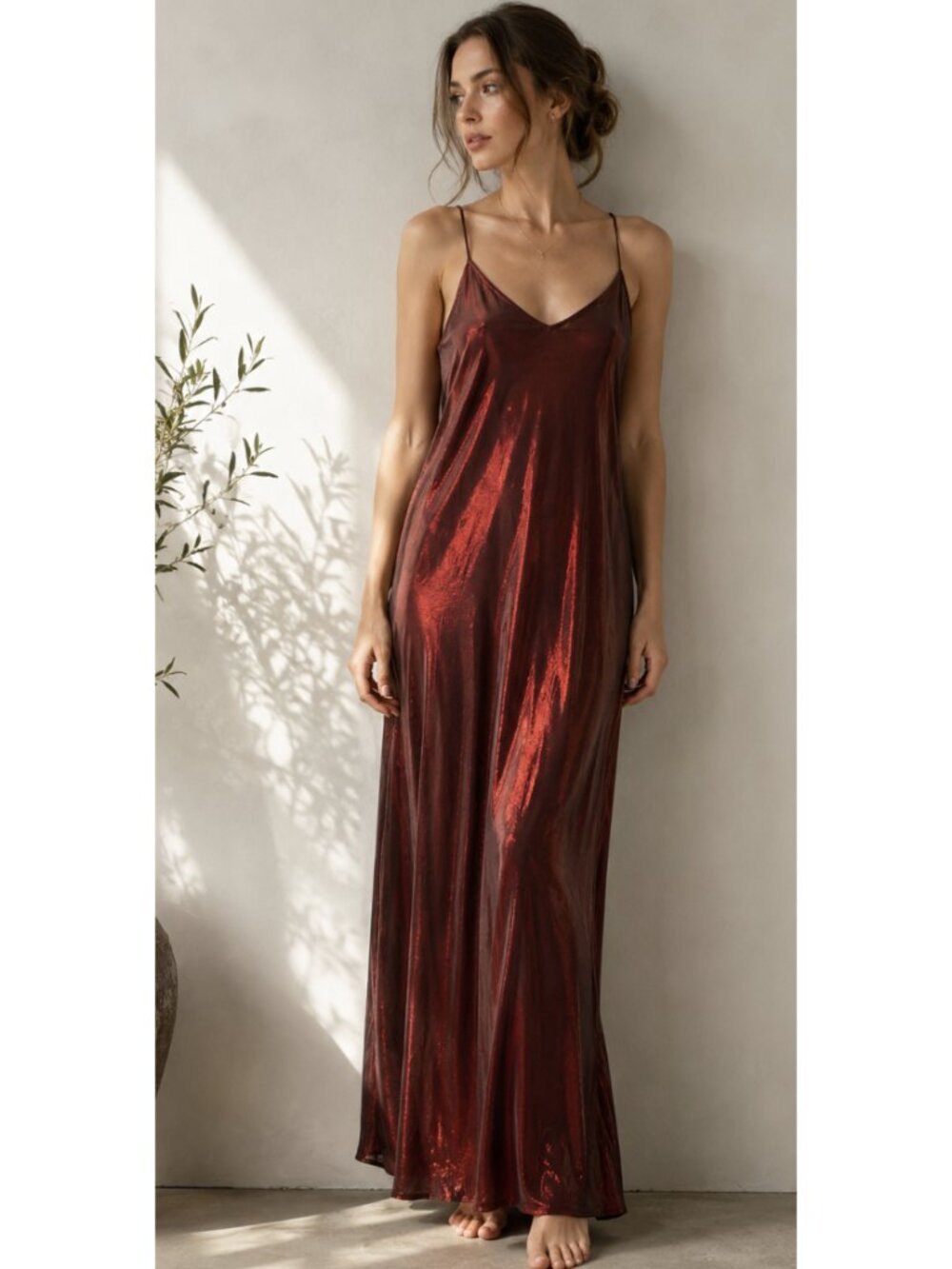 VINTAGE BONKERS USA Red Metallic Maxi Slip Dress Medium 90s Party Friends - Picture 1 of 15